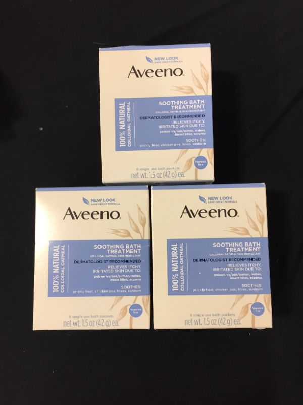 Photo 2 of 3 PACK - Aveeno Soothing Bath Treatment with 100% Natural Colloidal Oatmeal for Treatment & Relief of Dry, Itchy, Irritated Skin Due to Poison Ivy, Eczema, Sunburn, Rash, Insect Bites & Hives, 8 ct. (Total of 