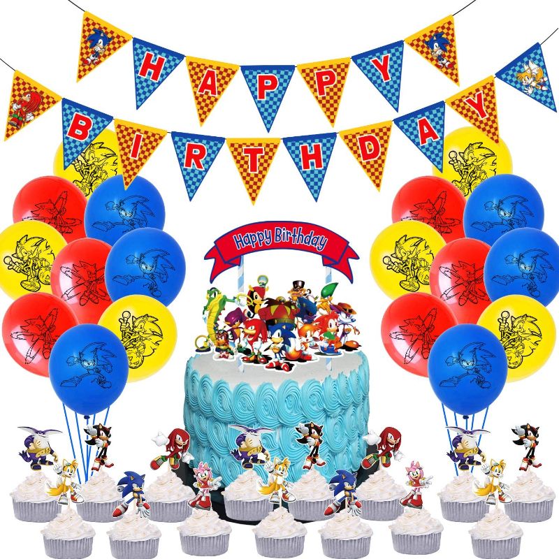 Photo 1 of 2 PACK - Nelton Birthday Party Supplies includes Banner - Cake Topper - 24 Cupcake Toppers - 18 Balloons - 15 Invitation Cards for Sonic the Hedgehog
