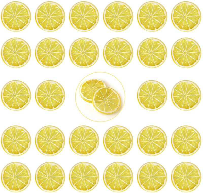 Photo 1 of 4 PACK - erduoduo 30 Pieces Simulation Lemon Slices Plastic Fake Artificial Fruit Mini Small Model Party Kitchen Wedding Decoration Slices Lifelike Decorative Fake Fruit(Yellow) (150 pcs total)