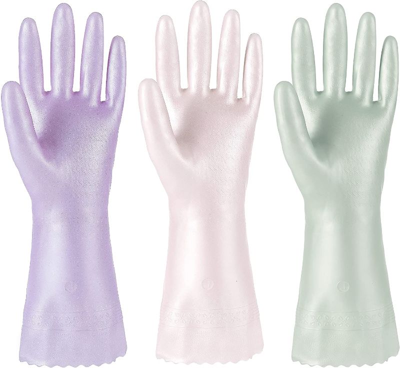 Photo 1 of G Store rubber cleaning gloves, 3 pairs of PVC household gloves, with cotton flocking lining, large gloves, waterproof, non-slip, reusable 2PK
