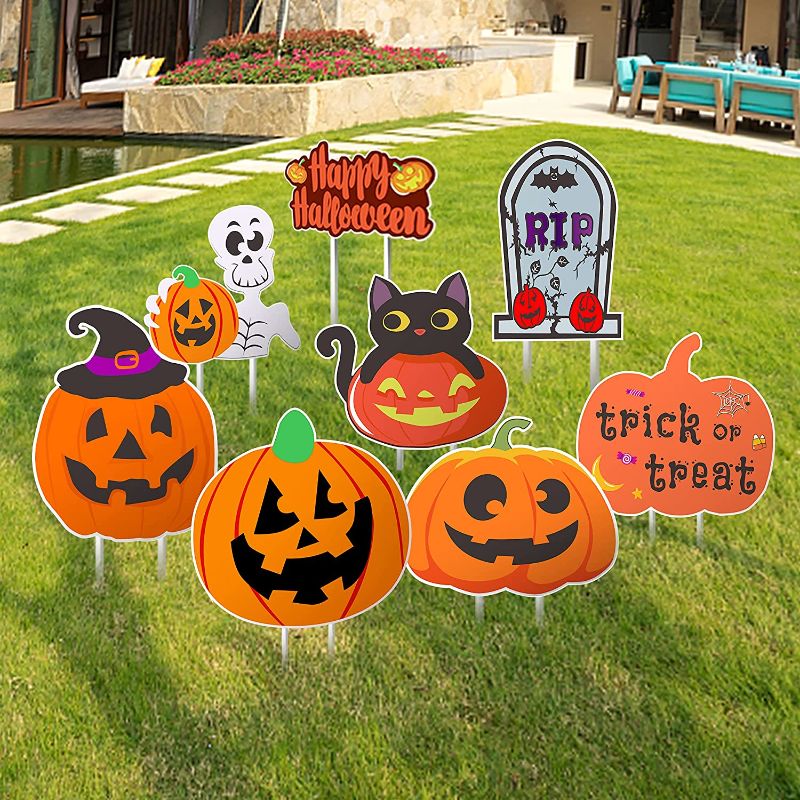 Photo 1 of Halloween Yard Sign Decorations,8Pcs Halloween Yard Signs with Stakes,Pumpkins,Skeleton and Black Cat Halloween Party Decor,Halloween Lawn Yard Decorations for Family,Halloween Decorations Outdoor
