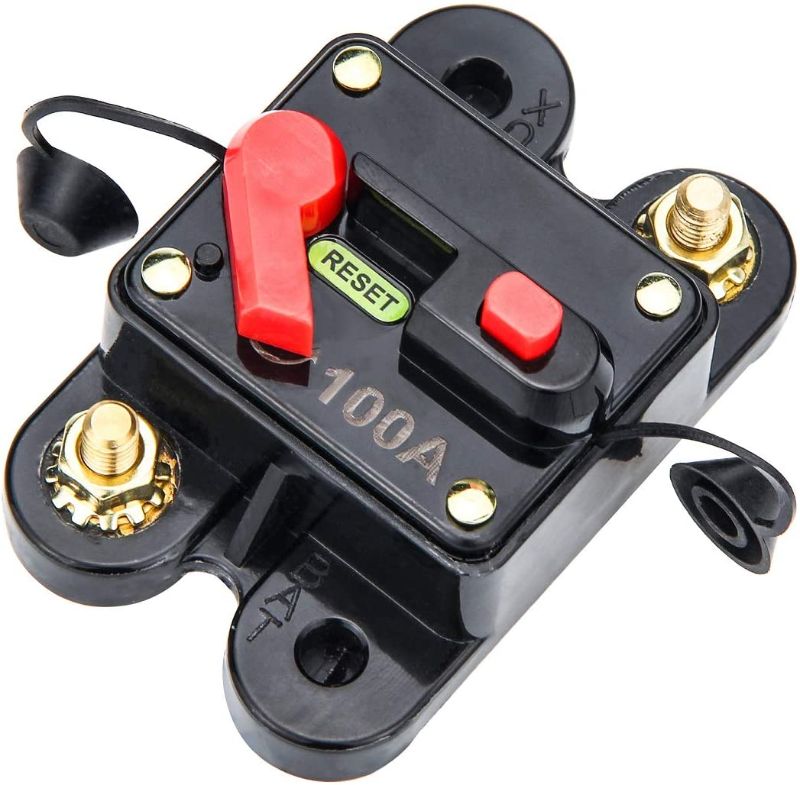 Photo 1 of 100 Amp Circuit Breaker, Ancable Waterproof Audio Inline Fuse Holder with Manual Reset 12V-48V DC for Car Audio, Home Solar System, Marine Boat Trolling Motor Truck
