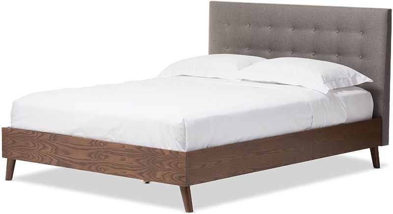 Photo 1 of incomplete item----- box 2 of 3 only------- Baxton Studio Alinia Mid-Century Retro Modern Fabric Upholstered Walnut Wood Platform Bed, Full, Grey -  
