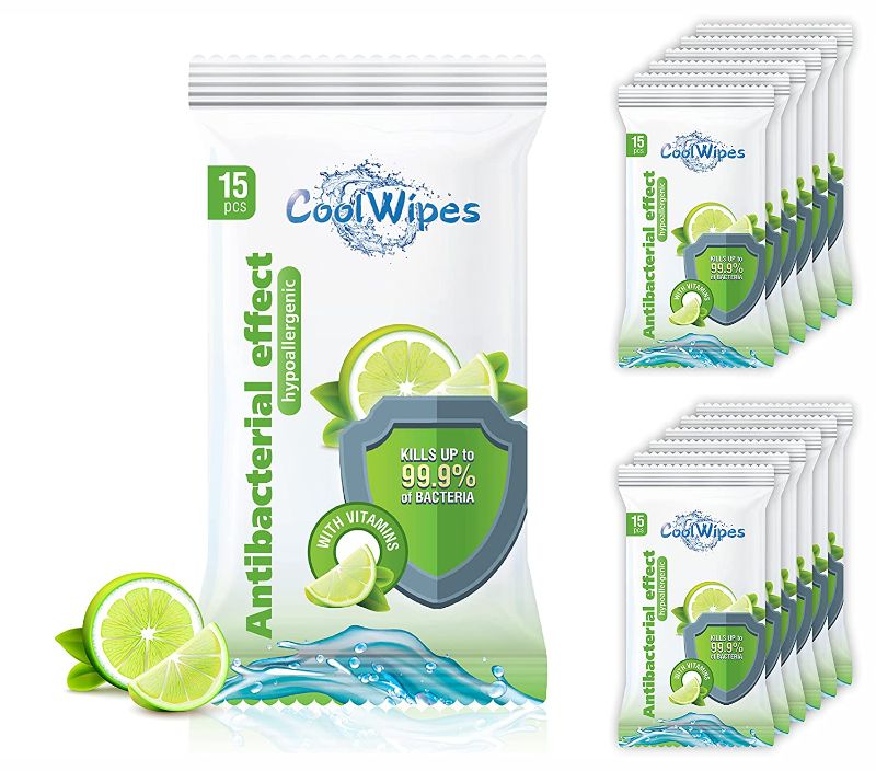 Photo 1 of 12 Travel packs CoolWipes Sanitizing Wipes with vitamins A, E, C and D-panthenol | Sanitizing Antibacterial Moisturizing & Hypoallergenic Tissues for Hands & Full Body Cleaning Pack | 180 pcs total BEST BEFORE 10/2022
