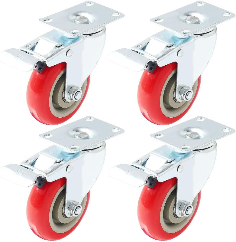 Photo 1 of 4 Pack Caster Wheels Swivel Plate Stem Brake Casters On Red Polyurethane Wheels (4 inch with brake)
