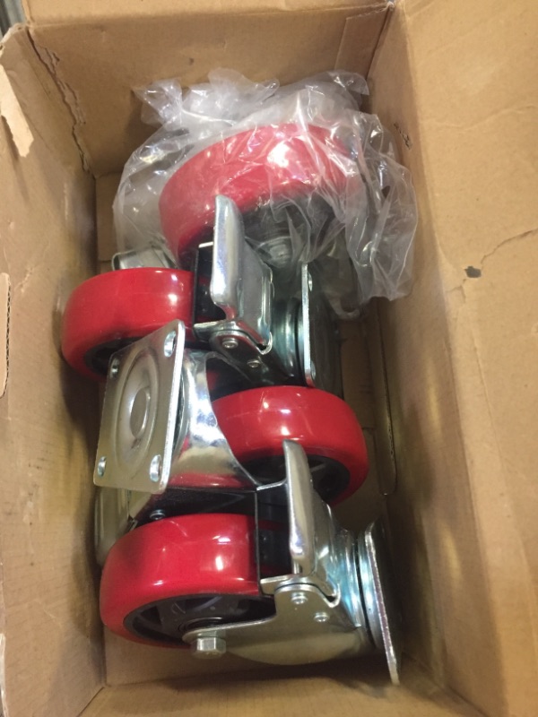 Photo 2 of 4 Pack Caster Wheels Swivel Plate Stem Brake Casters On Red Polyurethane Wheels (4 inch with brake)
