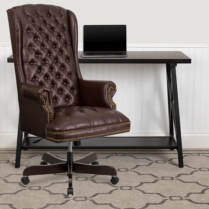 Photo 1 of Flash Furniture High Back Traditional Fully Tufted Brown LeatherSoft Executive Swivel Ergonomic Office Chair with Arms
