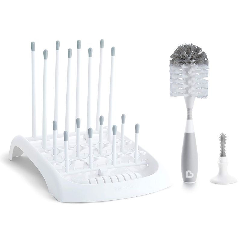 Photo 1 of Munchkin Baby Bottle and Sippy Cup Cleaning Set, Includes Countertop Drying Rack and Bristle Bottle Brush, Grey