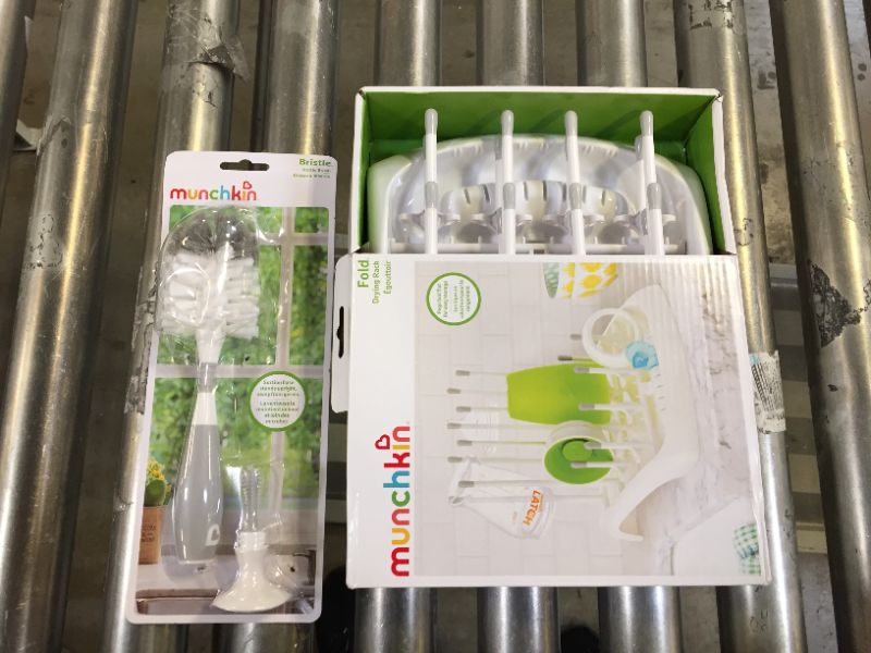 Photo 1 of Munchkin Baby Bottle and Sippy Cup Cleaning Set, Includes Countertop Drying Rack and Bristle Bottle Brush, Grey