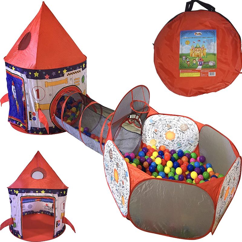 Photo 1 of Playz 3pc Rocket Ship Astronaut Kids Play Tent, Tunnel, & Ball Pit with Basketball Hoop Toys for Boys, Girls, Babies, and Toddlers - STEM Inspired Educational Galactic Spaceship Design w/ Planets
