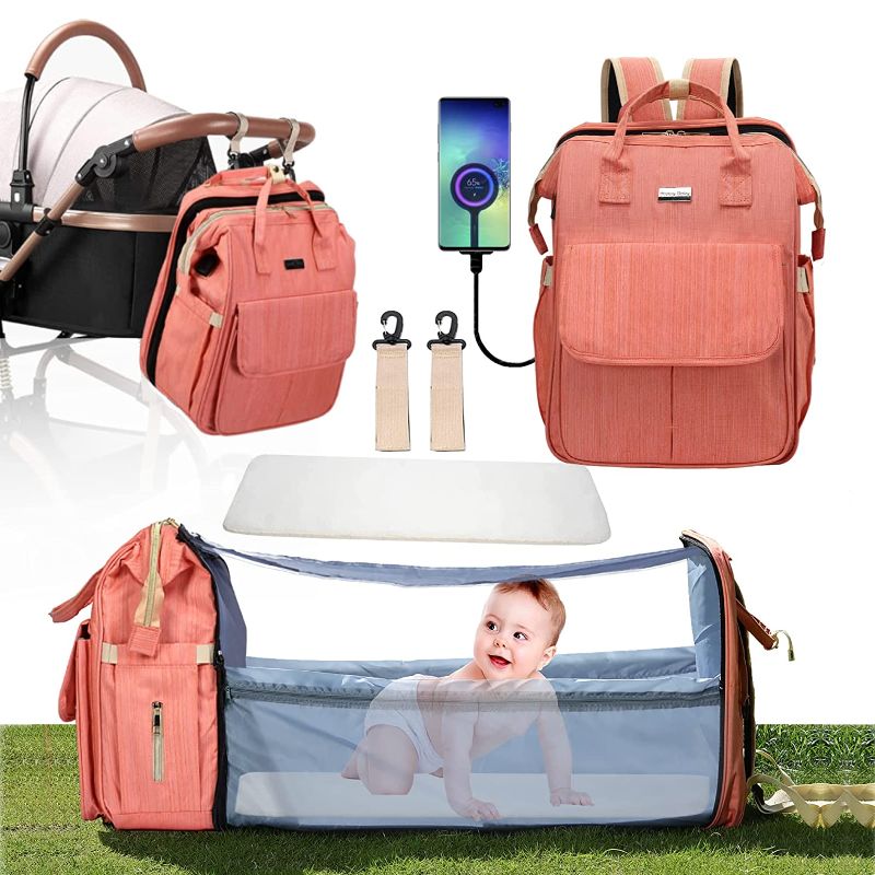 Photo 1 of 3-in-1 Diaper Bag with Changing Pad, Baby Girl and Boy Foldable Travel Nappy Bag, Baby Diaper Backpack with Folding Travel Bed, Portable Sleeping Bag (Pink)
