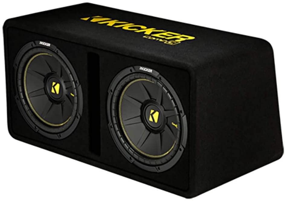 Photo 1 of Kicker 44DCWC102 CompC Dual 10 Inch 1200 Watt Single 2 Ohm Terminal Compact Vented Loaded Subwoofer Enclosure for Trunks or SUV, Black
