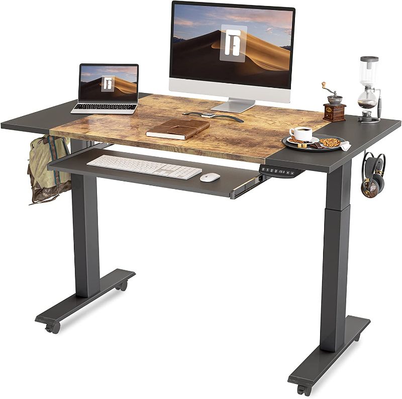 Photo 1 of FEZIBO Dual Motor Height Adjustable Electric Standing Desk with Keyboard Tray, 48 x 24 Inch Sit Stand Table with Splice Board, Black Frame/Black and Rustic Brown Top
