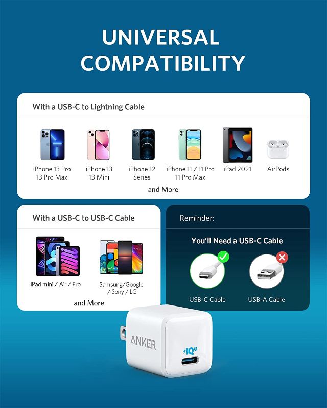 Photo 2 of USB C Charger, Anker Nano Charger PIQ 3.0 Durable Compact Fast Charger, PowerPort III for iPhone 13/13 Mini/13 Pro/13 Pro Max/12, Galaxy, Pixel 4/3, iPad/ iPad mini (Cable Not Included)
