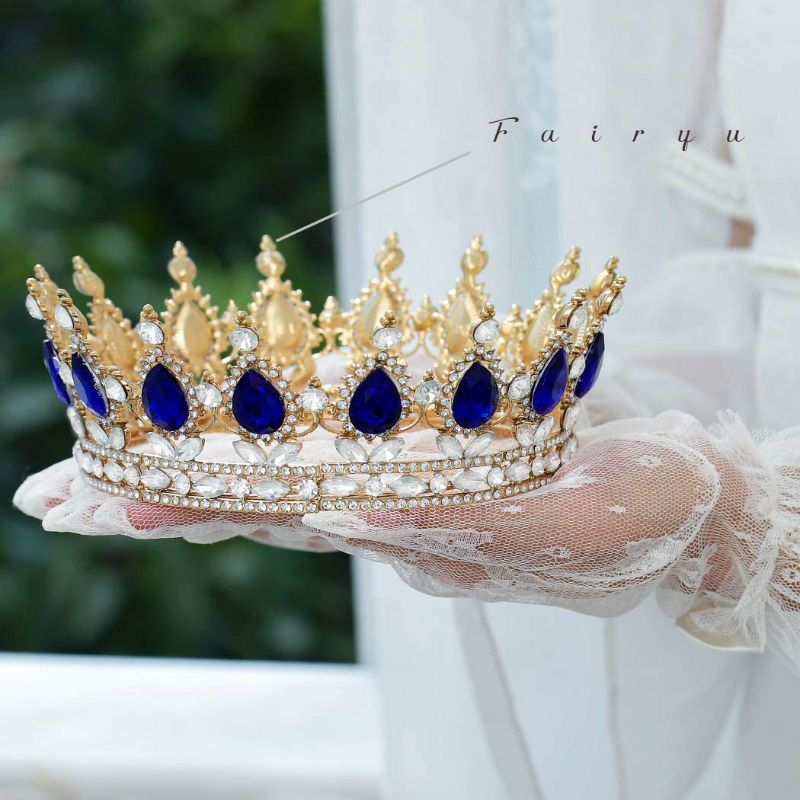 Photo 2 of Foyte Baroque Queen Crown and Tiaras Sparkly Rhinestone Wedding Crown Bride Tiaras Royal Princess Full Tiaras Headpieces for Women and Girls (Blue)
