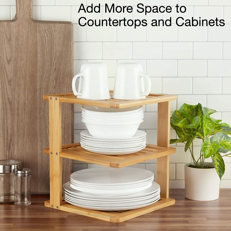 Photo 1 of Bamboo Corner Shelf - 3 Tier 10 x 10 inch and 11.5 inches high. Kitchen Cabinet Organizer - Pantry Organization and Storage - Bathroom Countertop Shelves
