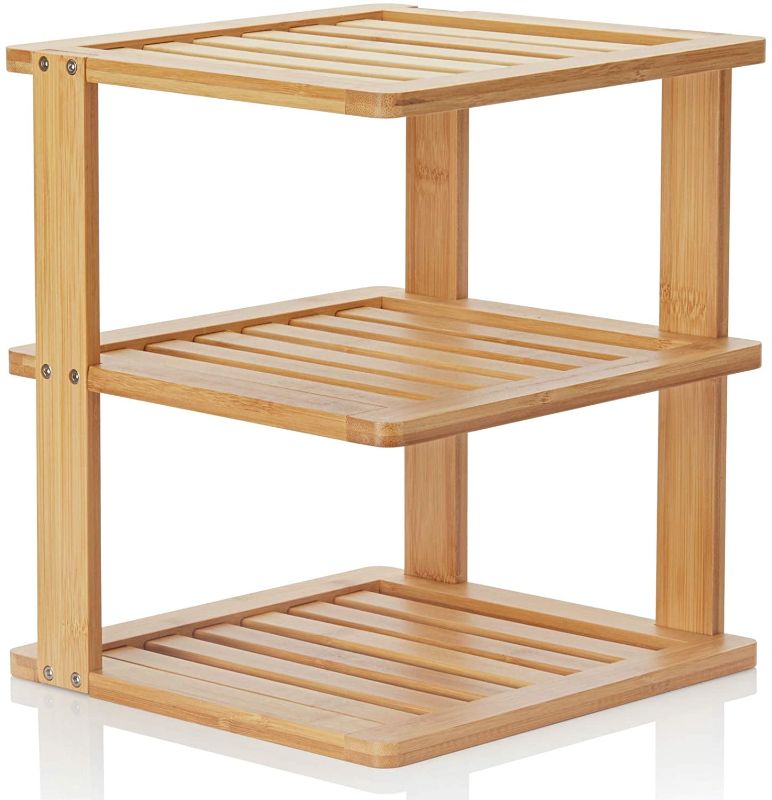 Photo 2 of Bamboo Corner Shelf - 3 Tier 10 x 10 inch and 11.5 inches high. Kitchen Cabinet Organizer - Pantry Organization and Storage - Bathroom Countertop Shelves
