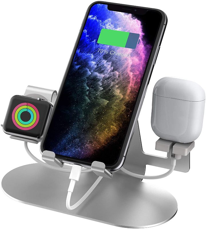 Photo 1 of 3 in 1 Aluminum Charging Stand for Apple Phone, iPad, Apple Watch Series 4/3/2/1, & Airpods Charger Station Dock Silver