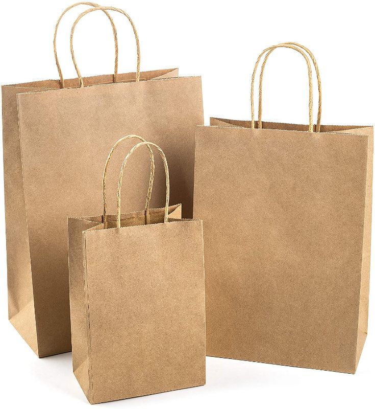 Photo 1 of  Brown Paper Bags with Handles Bulk, 75 Craft Bags, 25 Each (Large, Medium, and Small). Plain paper bags ideal for shopping, gift bag with various sizes