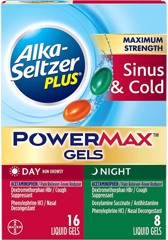 Photo 1 of ALKA-SELTZER PLUS Maximum Strength PowerMax - Cold & Sinus Medicine, Adult Day + Night Liquid Gel with Pain Relief, Fever Reducer, Cough Suppressant, Nasal Decongestant, 24 Count