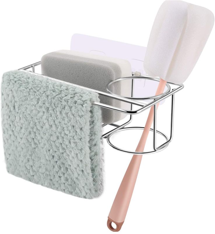 Photo 1 of Adhesive sponge holder + brush holder + dishcloth hanger, 3 in 1, SUS304 stainless steel sponge holder, rust-proof, waterproof, no-drilling kitchen sink accessories.