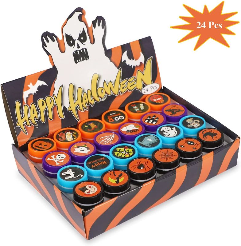 Photo 1 of 24 Assorted Halloween Stamps, Kids Party Ink Stamps (24 Designs), Holiday Toy Gift, Halloween Game Prizes for Kids Party Supplies