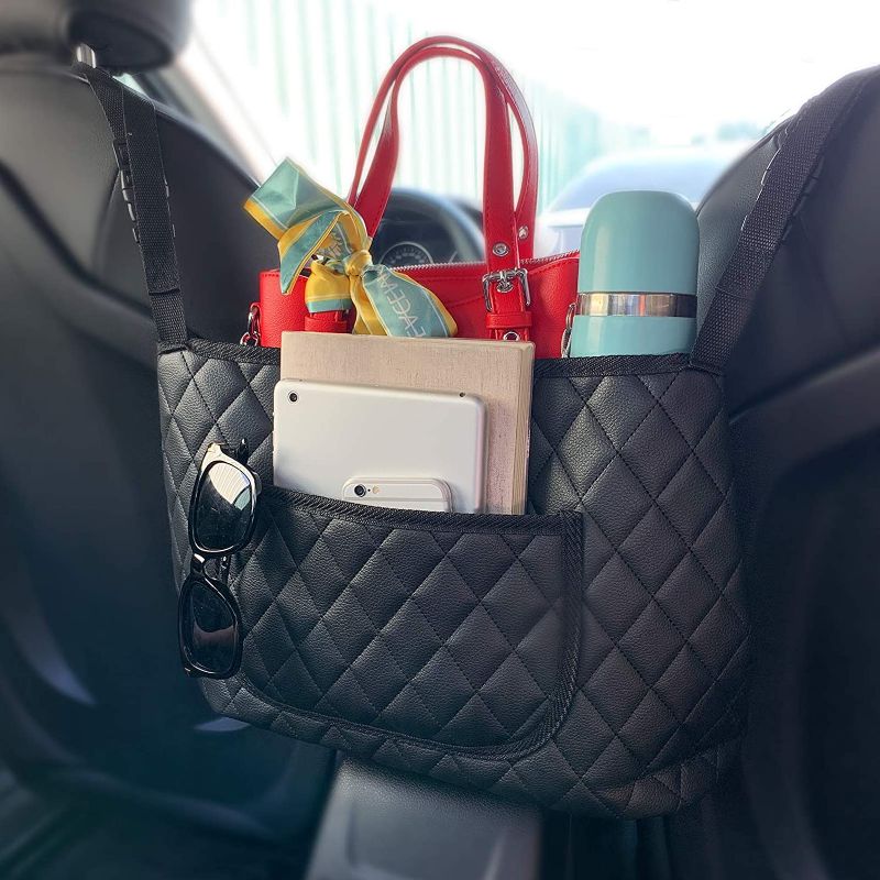 Photo 1 of  Car Bag Holder, Seat Back Net Bag, Front Seat Storage, Large Capacity Seat Back Leather Organizer, Bag Storage and Pocket, Car Seat Holder