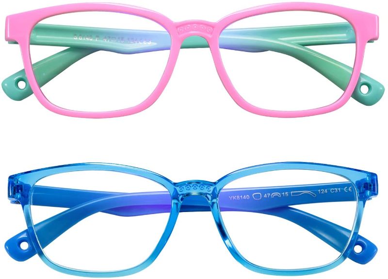 Photo 1 of Blue Light Blocking Glasses for Kids 2 Piece Anti Eye Fatigue and UV Protection Computer Gaming Phone Glasses for Boys Girls 3-9 Years Old (Pink Green + Transparent Blue)