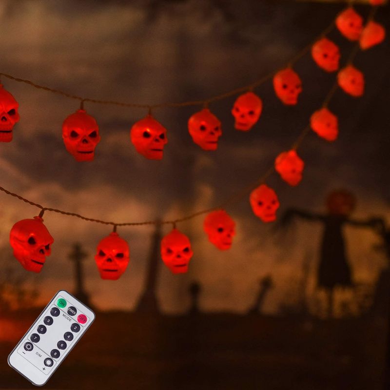 Photo 1 of 30 LED Skull Halloween Lights, Battery Operated 8 Fairy Modes with Remote Control, 16.4 Feet Waterproof Halloween Decoration Lights for Outdoor Indoor Party (Red)