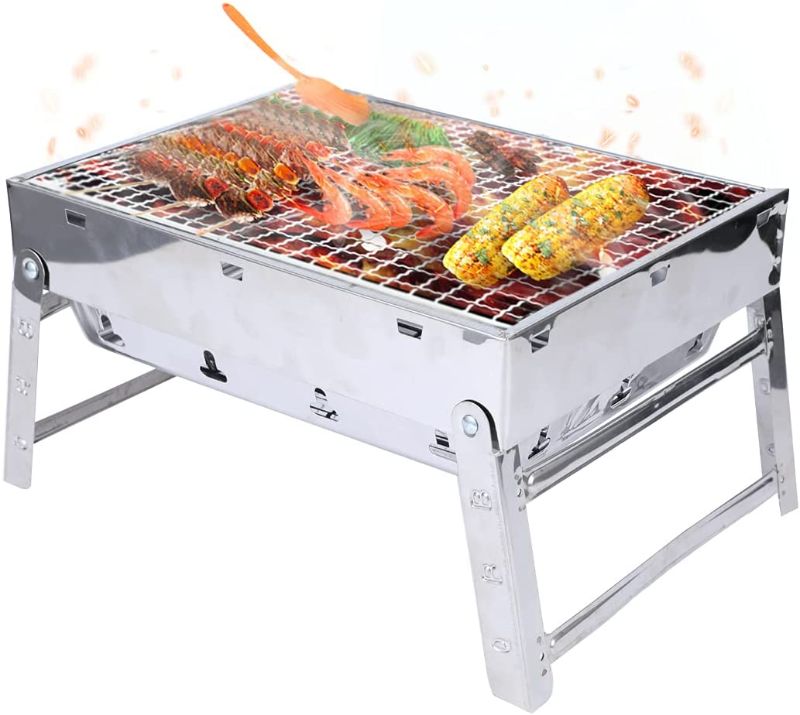 Photo 1 of  Small Charcoal Grill BBQ Portable Folding Table Grill Charcoal Grill for Outdoor Cooking Picnic Garden Terrace Camping Travel Black 15 × 11 × 8 Inch (White Stainless Steel, S)