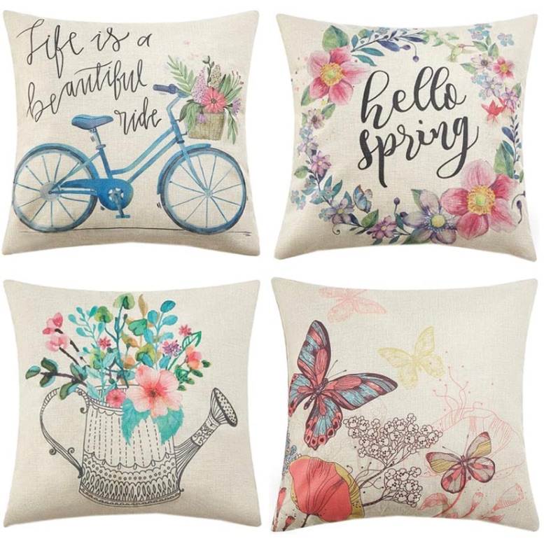 Photo 1 of Anickal Spring Pillow Covers 18x18 Inch Set of 4 for Spring Decorations Hello Spring Wreath Bicycle Butterfly Decorative Throw Pillow Covers for Spring Home Farmhouse Decor