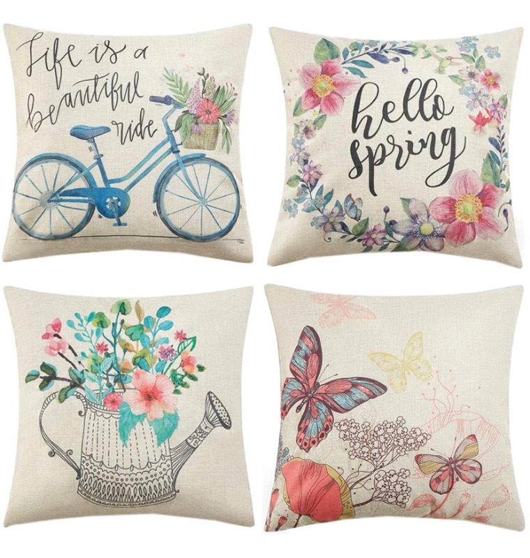 Photo 1 of Anickal Spring Pillow Covers 20x20 Inch Set of 4 for Spring Decorations Hello Spring Wreath Bicycle Butterfly Decorative Throw Pillow Covers for Spring Home Farmhouse Decor