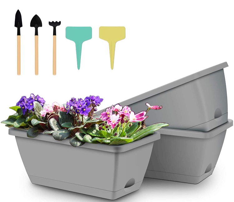 Photo 1 of 3 Packs Window Box Planter, 14 inches Plastic Flower Vegetable Planter Boxes with Plant Label & Garden Tools, Rectangle Planter for Windowsill, Patio, Garden, Indoor Outdoor (Grey)