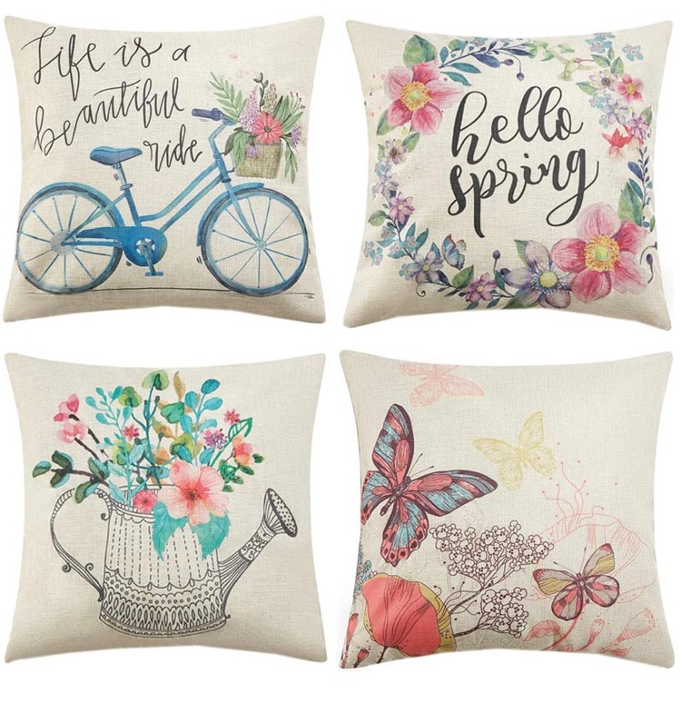 Photo 1 of Anickal Spring Pillow Covers 20x20 Inch Set of 4 for Spring Decorations Hello Spring Wreath Bicycle Butterfly Decorative Throw Pillow Covers for Spring Home Farmhouse Decor