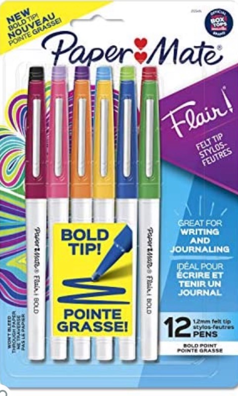 Photo 1 of Paper Mate Flair Felt Tip Pens, Bold Tip (1.2 mm), Assorted Colors, 12 Count