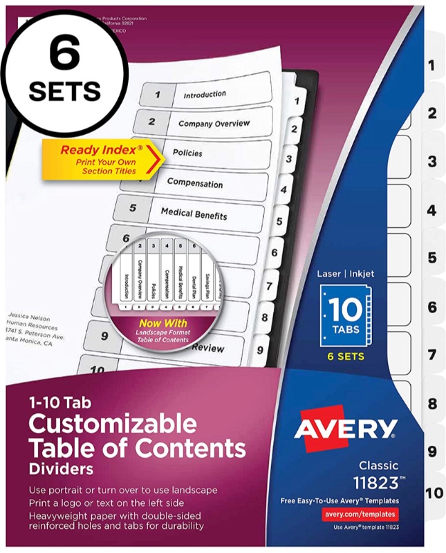 Photo 1 of Avery 10 Tab Dividers for 3 Ring Binders, Customizable Table of Contents, Classic White Tabs, 6 Sets (11823)