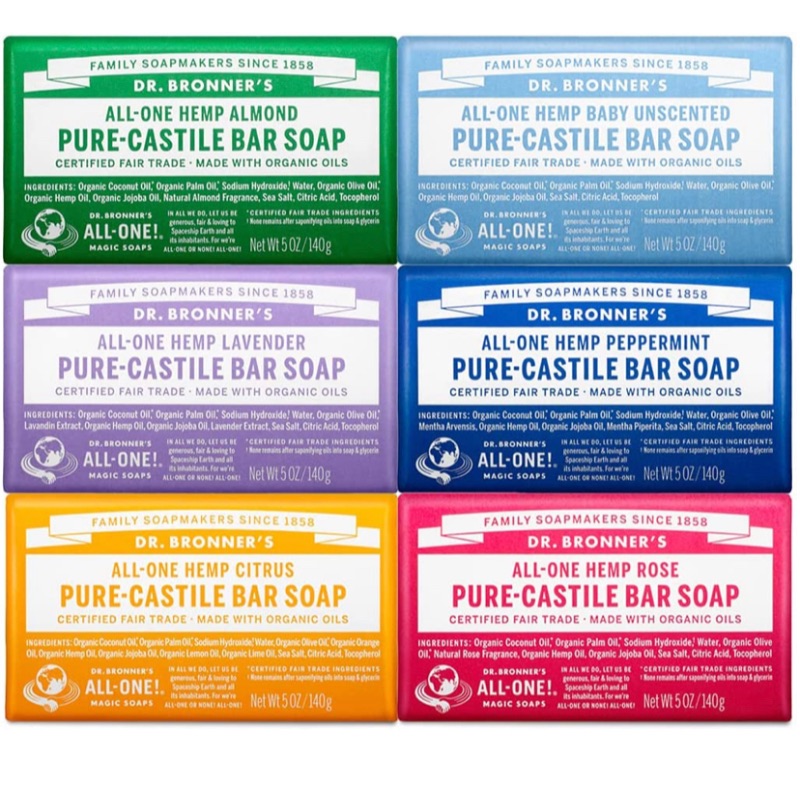 Photo 1 of Dr. Bronner's - Pure-Castile Bar Soap (5 Ounce Variety Gift Pack) Almond, Unscented, Lavender, Peppermint, Citrus, Rose - Made with Organic Oils, For Face, Body and Hair, Gentle and Moisturizing