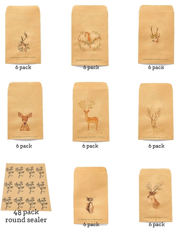 Photo 1 of ArtFamy brown kraft coin envelopes 6.3" x 4.3" 48PCS-cute envelopes for letter,tip,cash,coin,money budgeting and seeds packets, cute envelopes with deer design for gift cards and business cards 2 sets 