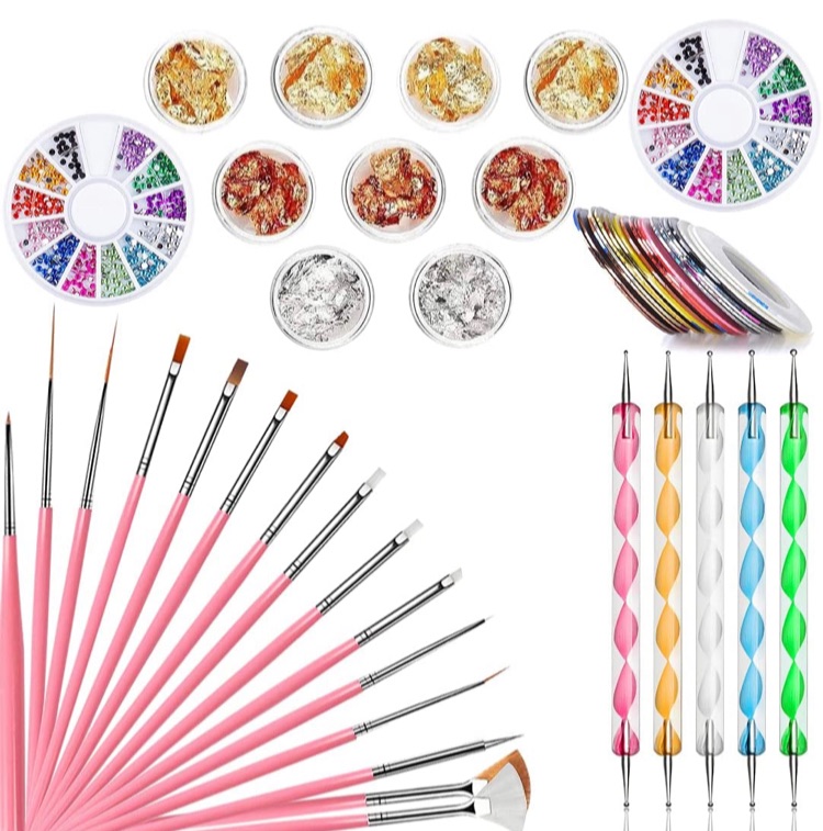 Photo 2 of Nail Art Supplies Nail Art Brushes with 2 Boxes Color Nail Rhinestones,5 Pcs Nail Dotting Pens,12 Pots Nail Foil Flakes,30 Pcs Nail Striping Tapes for Nail Art Decoration

