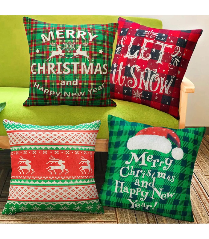 Photo 1 of 4 Packs Christmas Pillows Covers 18x18 Christmas Decorations Pillows Covers Merry Christmas Decorative Throw Pillows Cases Sofa Indoor Home Décor Deer Christmas hat