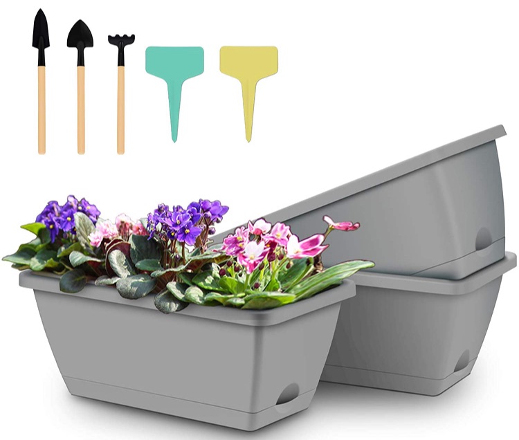 Photo 1 of 3 Packs Window Box Planter, 14 inches Plastic Flower Vegetable Planter Boxes with Plant Label & Garden Tools, Rectangle Planter for Windowsill, Patio, Garden, Indoor Outdoor (Grey)