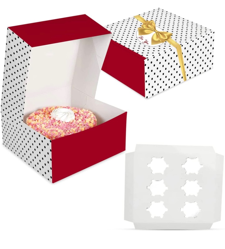 Photo 1 of 10x10x5 Inches Cake Box With Divider – 1pc Dots Cake Box With Divider – Sturdy Large 10 Inch Cake Box With Golden Bow Design, Bakery Box With Divider For Cookies, Pie, Cupcakes, Disposable Cake Container