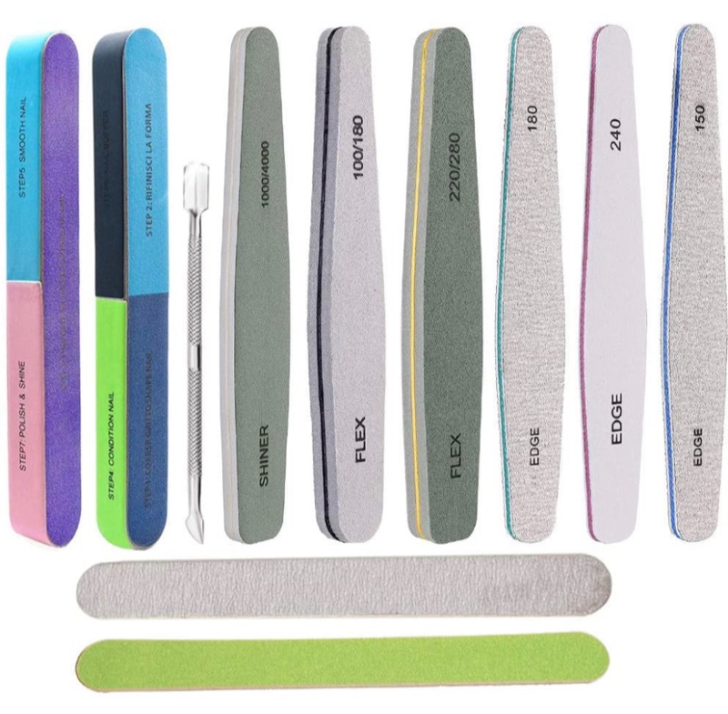Photo 1 of 11 Pcs Nail Files Set for Nature Acrylic Nail Professional Multifunctional 2 7-Way Fingernail and Buffer Shine Block Emery Boards with 2 Wood File, Different Grit Nail File with Cuticle Pusher 10pcs