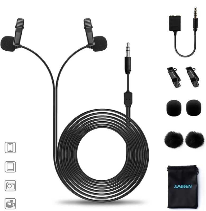 Photo 1 of Sairen Dual Head Lavalier Video Microphone for iPhone with 3.5mm Adapter Cable for Headphone Monitor and Microphone for Smartphones iPhone DSLR Cameras PC Interviewing Vlogging Livestreaming