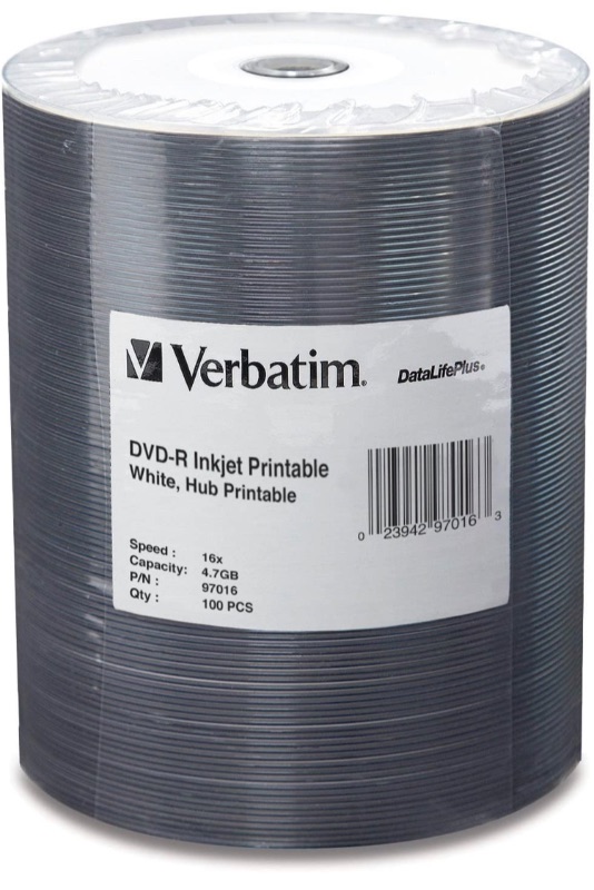 Photo 1 of Verbatim DVD-R 4.7GB 16X DataLifePlus White Inkjet Printable, Hub Printable - 100pk Tape Wrap, 0.1 (97016)