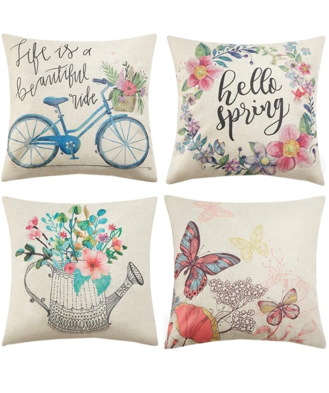 Photo 1 of Anickal Spring Pillow Covers 20x20 Inch Set of 4 for Spring Decorations Hello Spring Wreath Bicycle Butterfly Decorative Throw Pillow Covers for Spring Home Farmhouse Decor