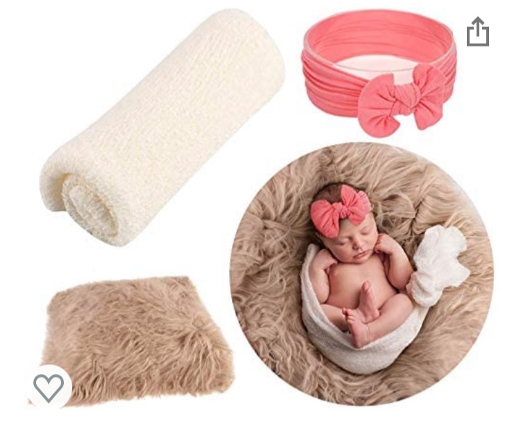 Photo 1 of 3Pcs Infant Newborn Photography Props, Jasen DIY Faux Fur Nursery Swaddling Blankets & Toddler Wraps with Headband Set (Khaki- Cocoa Powder)