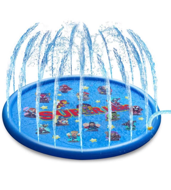 Photo 1 of Sprinkler Pad, Splash Pad, 68" Kids Summer Superhero Splash Play Mat Inflatable Sprinkler Play Mat Water Toys Baby Toddler Pool for Outdoor, Ideal for Kids & Toddlers & Dogs