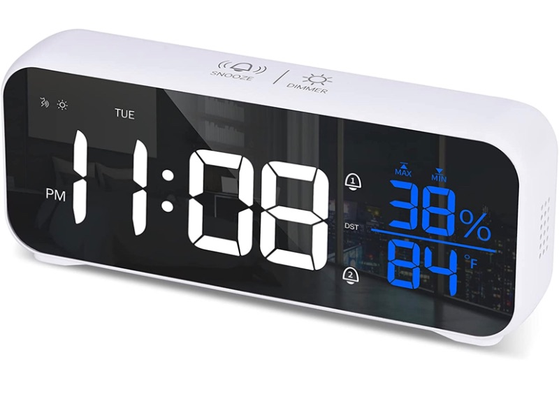 Photo 1 of Amgico Alarm Clock for Bedroom,6.8" Large Display Digital Alarm Clock with USB Charger, 12/24H,Temperature and Humidity Display Mirror Alarm Clock for Bedrooms Desk Office Kids-White