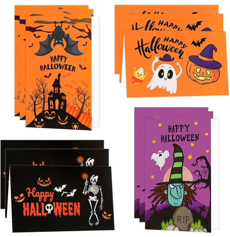 Photo 1 of 12 Pcs Halloween Greeting Cards and Self-Adhesive Envelopes, 4" x6" Halloween Cards for Trick or Treat Party Invitations, Kids Halloween Party Favors, 2 Fun and Spooky Halloween Designs 2 packs 